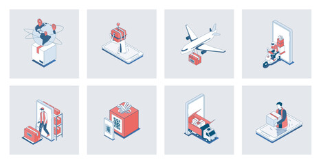 Delivery concept of isometric icons in 3d isometry design for web. Global logistic, truck transportation and air shipment, sending parcels with courier, post warehouse storage. Vector illustration