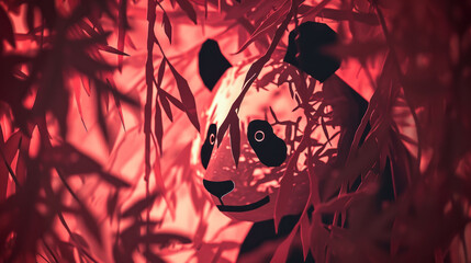  a picture of a panda bear in a tree with a red light in the background and a black and white panda bear in the foreground with a red light in the foreground.