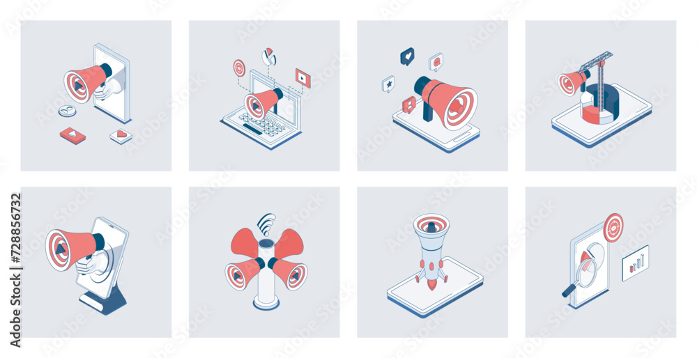 Poster digital marketing concept of isometric icons in 3d isometry design for web. online promotion and adv