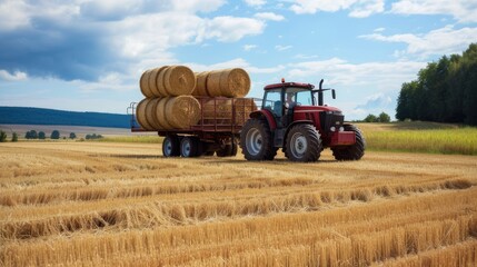 a farmer operating a tractor to load round hay bales onto a trailer, showcasing the agricultural process of harvesting and transporting straw bales with authentic realism and detail.