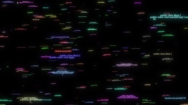 Computer Programming Language Typing And Flying On Black Background. Digital Technology Computer  Code Animation On Black Background. Computer Programming Deployment Matrix Code Digital Binary Code Pr