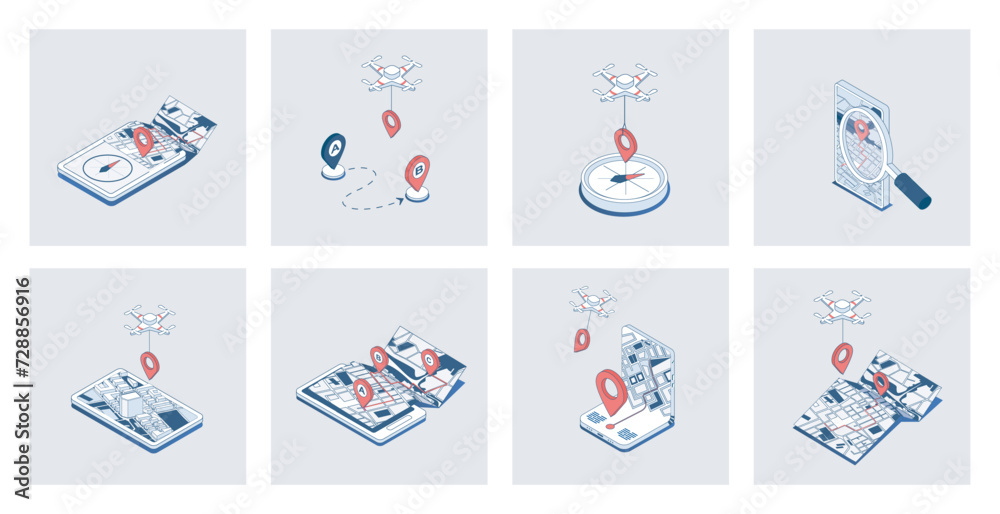 Aufkleber GPS navigation concept of isometric icons in 3d isometry design for web. Global positioning system with maps, traffic and streets view, compass navigator, location route pointers. Vector illustration