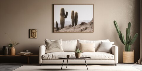 Mono living room with cactus has artworks on gray wall above beige sofa.
