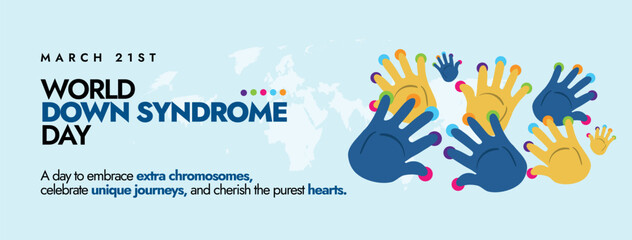 World down syndrome day. 21 March World Down syndrome day celebration cover banner with hand prints in yellow and blue colour. Extra chromosome, celebrating and accepting disability. 