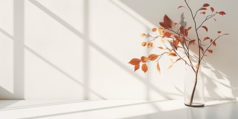 Home interior decor elements. Dry autumn leaves in vase near white wall with sunlight shadows