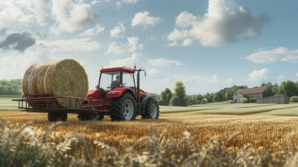 a farmer operating a tractor to load round hay bales onto a trailer, showcasing the agricultural process of harvesting and transporting straw bales with authentic realism and detail.