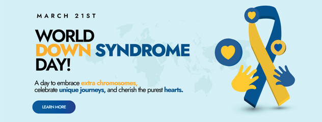 World Down Syndrome Day. 21 march  World Down Syndrome Day celebration cover banner with ribbon and handprints in yellow and blue colour. Down syndrome educational seminar, event, conference banner.