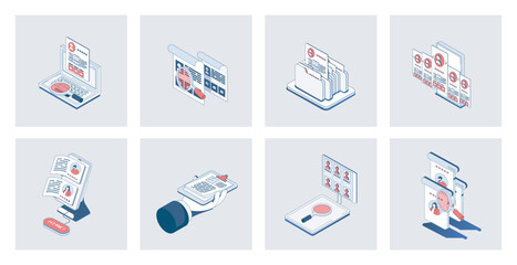 HR process concept of isometric icons in 3d isometry design for web. Human resources and recruitment, candidate choice, job interview at vacancy, online professional resume search. Vector illustration