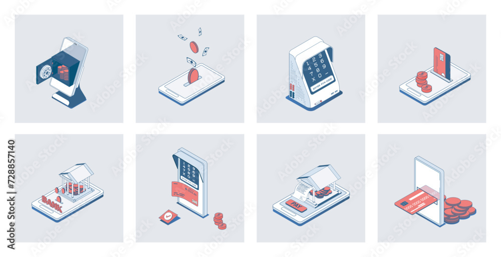 Poster mobile banking concept of isometric icons in 3d isometry design for web. online payment, saving mone