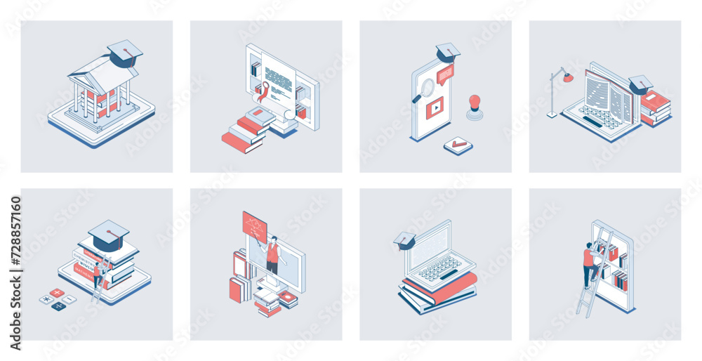 Aufkleber Online education concept of isometric icons in 3d isometry design for web. E-learning platform, distant study at school, college or university, virtual library wtih digital books. Vector illustration