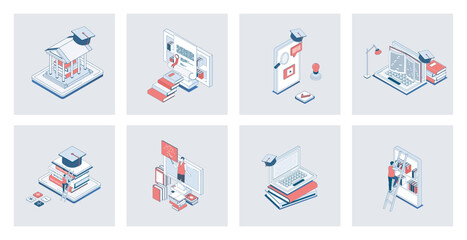 Online education concept of isometric icons in 3d isometry design for web. E-learning platform, distant study at school, college or university, virtual library wtih digital books. Vector illustration