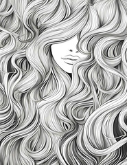 long wavy hair pattern from face in line art vector very fine and detailed, full frame