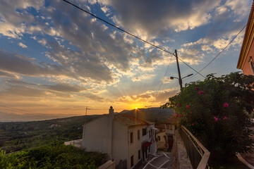 Panoramic view of beautiful sunrise with clouds in north corfu Greece