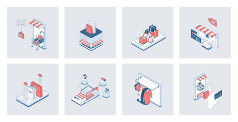 Shopping concept of isometric icons in 3d isometry design for web. Online purchasing, buying new goods in retail stores and shops, credit card payment with delivery service. Vector illustration