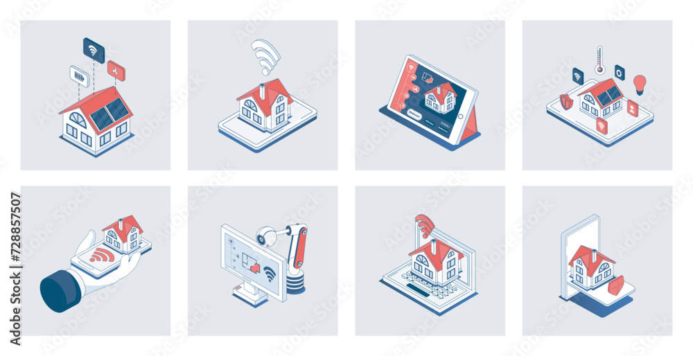 Aufkleber Smart home concept of isometric icons in 3d isometry design for web. Automation house monitoring and surveillance security system, wireless connection with different sensors. Vector illustration