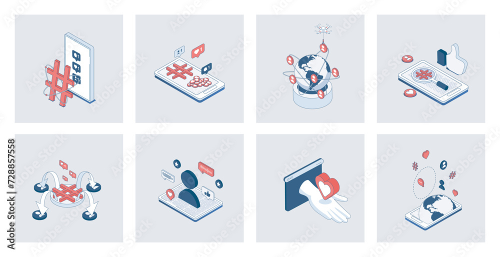 Poster Social network concept of isometric icons in 3d isometry design for web. Online communication and internet connection, chatting with emoticon, post comments, hashtags and likes. Vector illustration