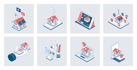 Smart home concept of isometric icons in 3d isometry design for web. Automation house monitoring and surveillance security system, wireless connection with different sensors. Vector illustration - obrazy, fototapety, plakaty