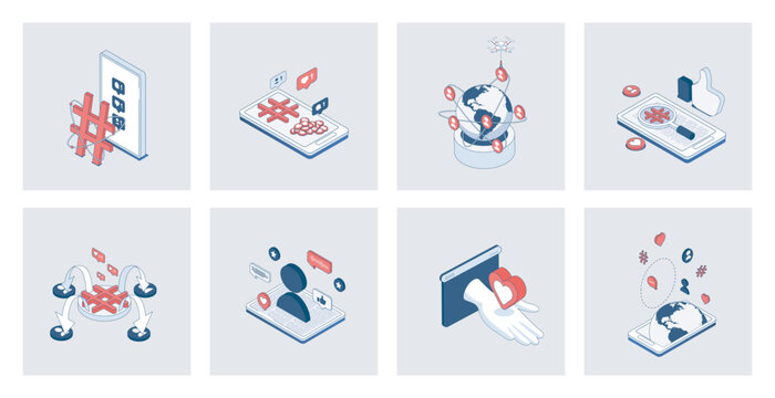 Social network concept of isometric icons in 3d isometry design for web. Online communication and internet connection, chatting with emoticon, post comments, hashtags and likes. Vector illustration