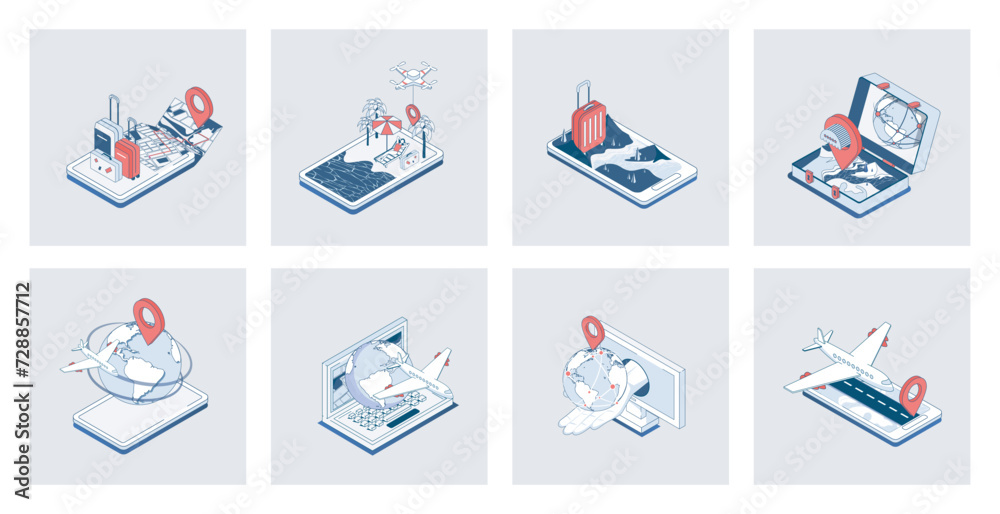 Poster travelling concept of isometric icons in 3d isometry design for web. online tickets booking, flight 