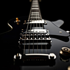 Fototapeta na wymiar Exquisite close-up of a black electric guitar, showcasing extreme detail. Perfect for music instrument promotions, print ads, and features during Guitar Month