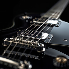 Fototapeta na wymiar Exquisite close-up of a black electric guitar, showcasing extreme detail. Perfect for music instrument promotions, print ads, and features during Guitar Month