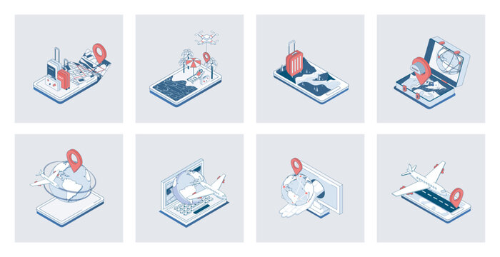Travelling concept of isometric icons in 3d isometry design for web. Online tickets booking, flight with baggage to vacation, global tourism, summer trip to sea beach resort. Vector illustration