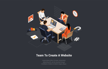 Team of Ux Ui Designers Developing Website Sitting At Desk In The Office. Programmer Write Software And Create Code. Development of Websites and Mobile Applications. Isometric 3d Vector Illustration