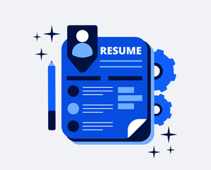 Vector illustration of a white sheet of paper with the word RESUME showing different sections. Suitable for use on materials, job search, career, education or training.