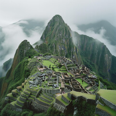 Majestic View of Machu Picchu in the Misty Mountains of Peru - obrazy, fototapety, plakaty