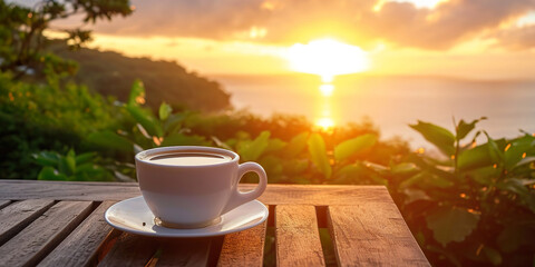 Fresh coffee cup outdoor in front of beautiful mountain