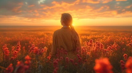  a woman standing in a field of flowers watching the sun go down over a field of wildflowers with the sun setting behind her and the clouds in the distance.