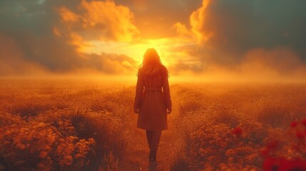  a woman standing in a field with the sun setting behind her and the clouds in the sky above her and a field of wildflowers in the foreground.