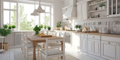 Kitchen interior details. Cozy farmhouse style kitchen interior with wooden table and white classic furniture