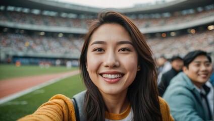 Close-up selfie of a young, joyful Asian woman at a sports stadium with fans in the background.