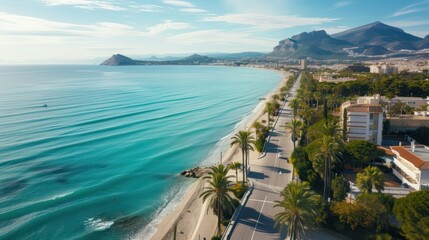 Scenic view of the beautiful town of Albir, featuring the main boulevard promenade, seaside beach, and the Mediterranean Sea - obrazy, fototapety, plakaty
