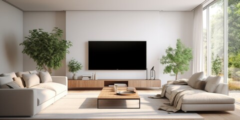 Spacious living room with white walls, featuring cozy seating area with TV