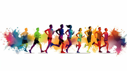illustration of people running with colorful outfits and splashes \