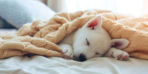 Small white puppy sleeping on bed covered with a blanket. Puppy relaxing on bed at home - obrazy, fototapety, plakaty