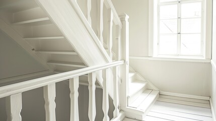  a white staircase leading to a window and a window in a room with white walls and a white bannister on the right side of the staircase, and a window on the left.