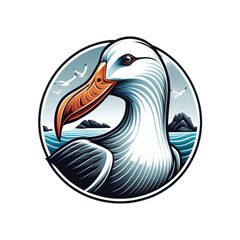 Elegant Duck Logo Illustration with Scenic Ocean and Mountain Background in Circular Design