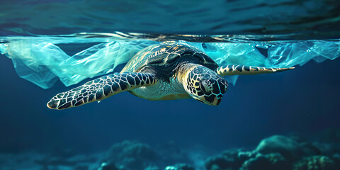 Impact of plastic pollution on sea turtles and ocean animal life. Environmental crisis