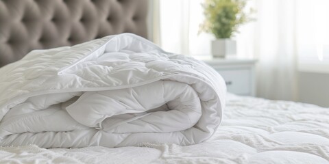 White folded duvet lying on white bed in cozy bedroom. Preparing for winter season, household, domestic activities, hotel or home textile