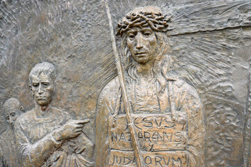 The Carrying of the Cross – Fourth Sorrowful Mystery. A relief sculpture on Mount Podbrdo (the Hill of Apparitions) in Medjugorje.