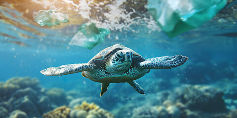 Obraz premium Impact of plastic pollution on sea turtles and ocean animal life. Environmental crisis