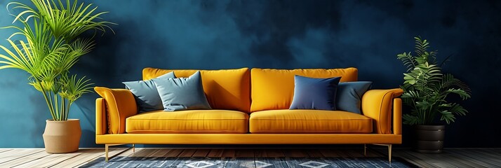 Trendy Home Interior Featuring Bold Yellow Seating and Navy Accents