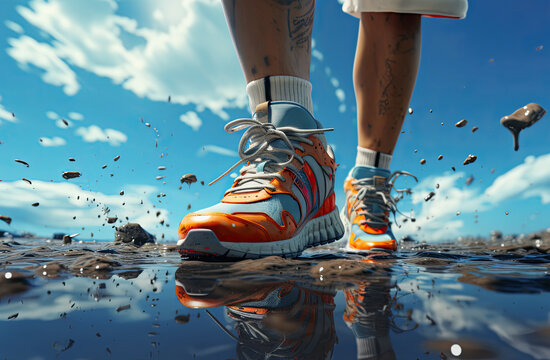 Sports background. A young man runner is ready for a workout in her sports shoes, Generative AI.	