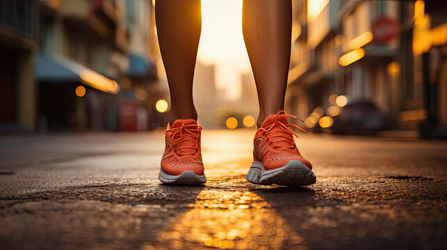 Sports background. A young female runner is ready for a workout in her sports shoes, Generative AI.	