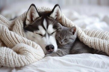 Alaskan malamute puppy cuddles gray kitten under cozy blanket on home bed