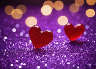 Obraz premium Hearts shine among the sparkling purple color. Valentine's Day