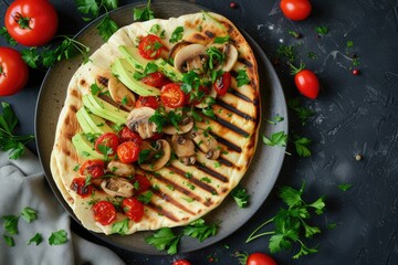 Avocado mushrooms tomatoes and parsley stuffed in grilled flatbread on a plate web banner